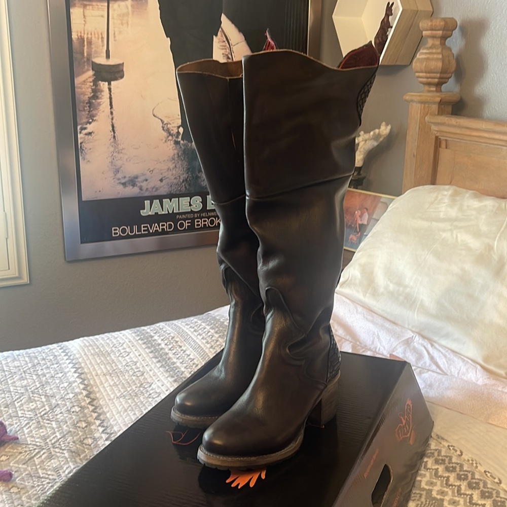 Freebird by Steven Dark Brown Leather Knee-High Heeled Boots - Picture 4 of 7
